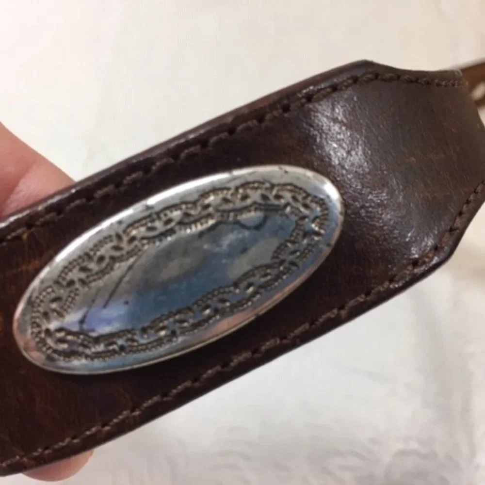 Langu Leather Brown Belt Silver Toned Engraved Ornaments